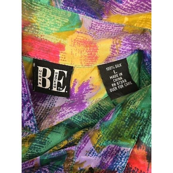 Basic Editions 100% SILK Watercolor Button Up Long Sleeve Top Retro Women’s Sz L - Picture 4 of 7
